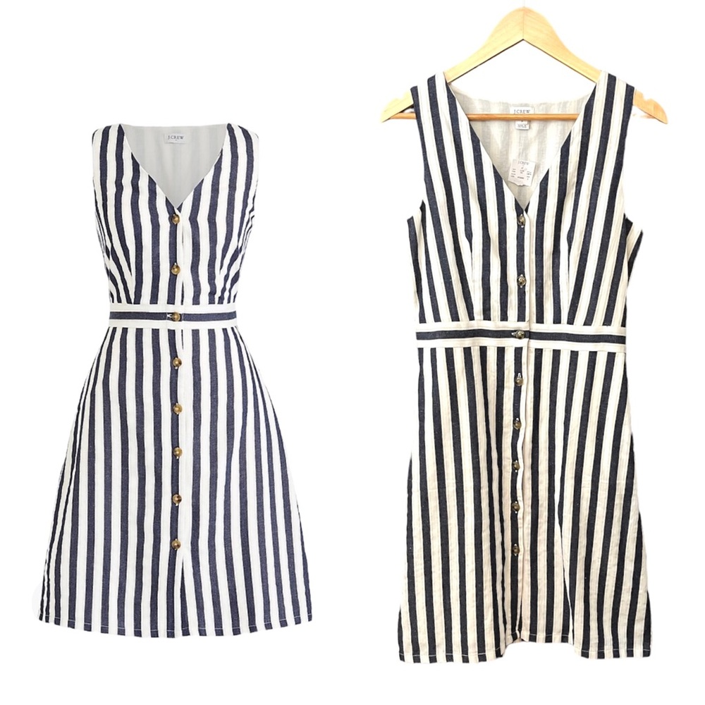 J. Crew L6978 Blue White V-Neck Button Front Stripe Dress 2